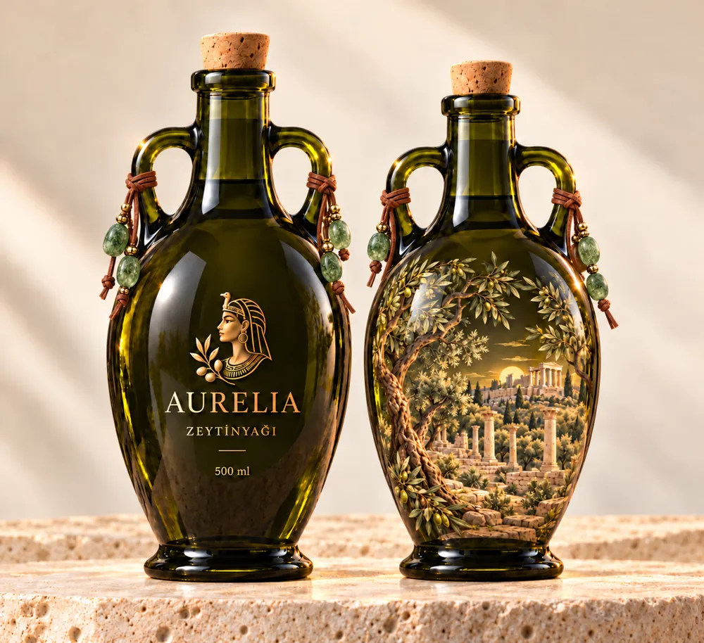 Aurelia 500 ml amfora şişesinin Kleopatra logolu ön yüzü ve zeytinlik ile antik kent işlemeli arka yüzü