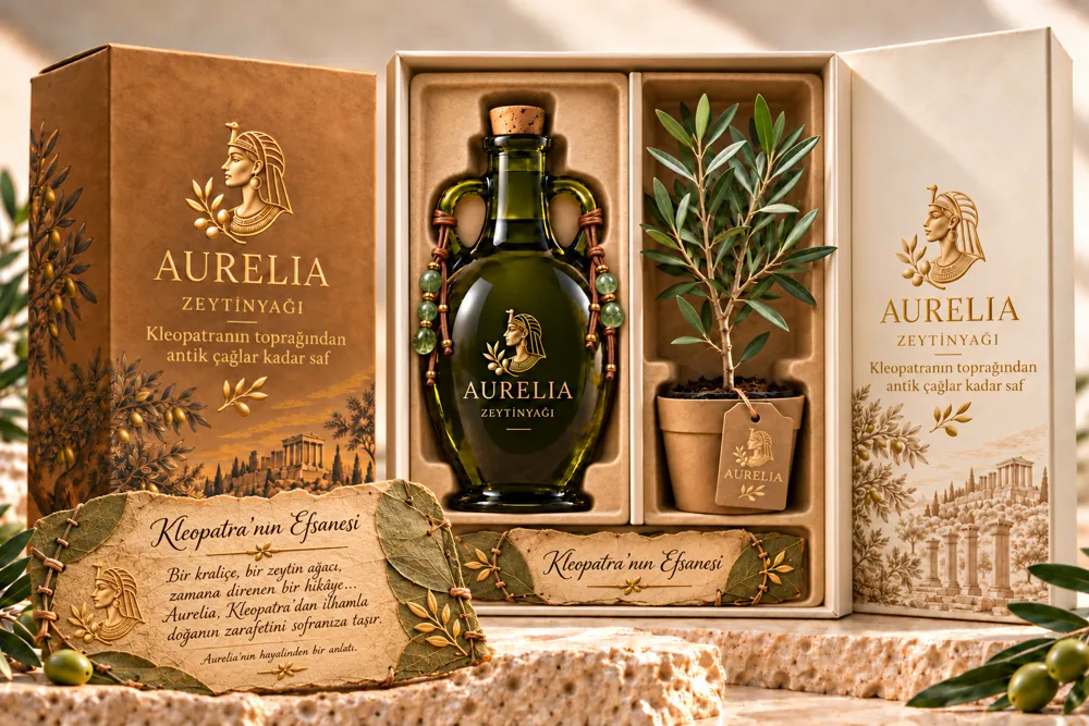 Doğal yaprak efsane notu, yeşil kuvars taşlı amfora şişe ve mini zeytin fidanı içeren Aurelia kutusu